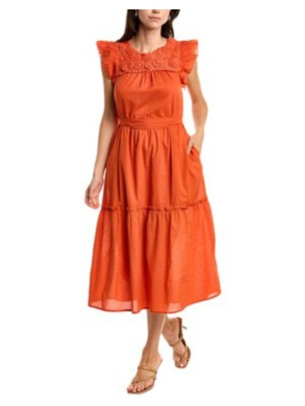 St Roche Kite Dress Tiered Crochet Detail Midi Orange Organic Cotton Size 4